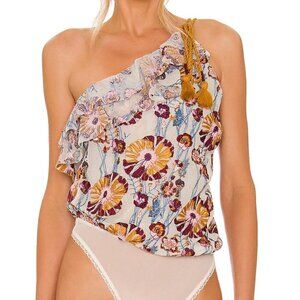 FREE PEOPLE  PLUM COMBO "DAY DATE" EMBROIDRED FLORAL PRINT BODYSUIT Sz Medium